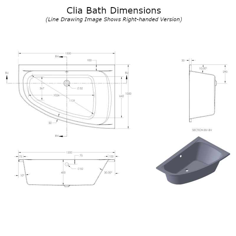 Technical Drawing Showing Dimensions for the Clia Cleo Corner Bath 1500 x 1000