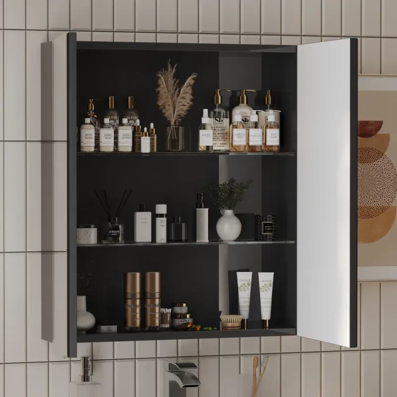 Patello Grey 2 Door Mirror Cabinet Glass Shelves