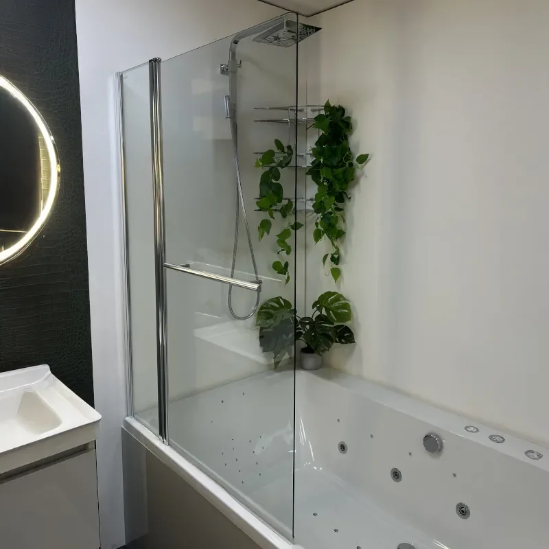 Showroom Lifestyle Close-up Image for Radiant Square Bath Shower Screen with Inline Panel & Rail