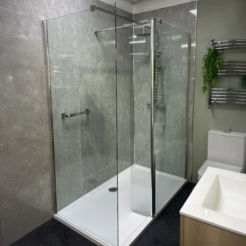 Showroom Lifestyle Image for Radiant 1600 Walk-in Shower Enclosure for Corner with Slate Tray: Optional Hinge Panel, Side Panel, Optional Waste