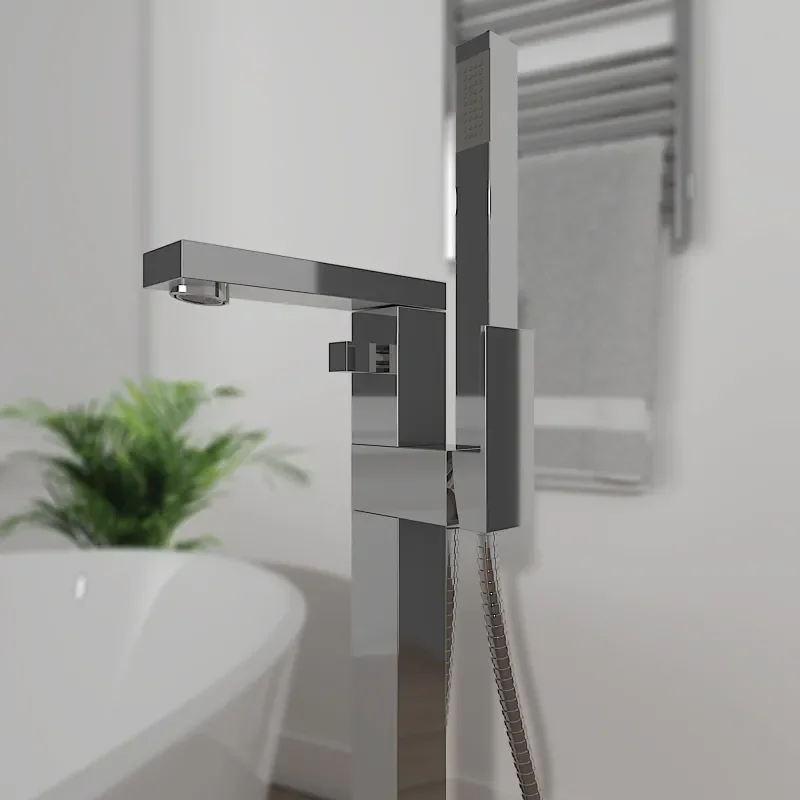 Technical line drawing showing dimensions of Slade Floor Standing Bath Shower Single Lever Tap with Shower Kit