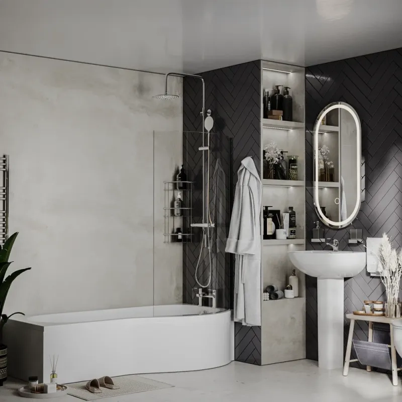 portland 1500 righthand p shape curved shower bath