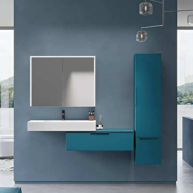 premium 900 wall hung sink with optional petrol blue wall drawer unit