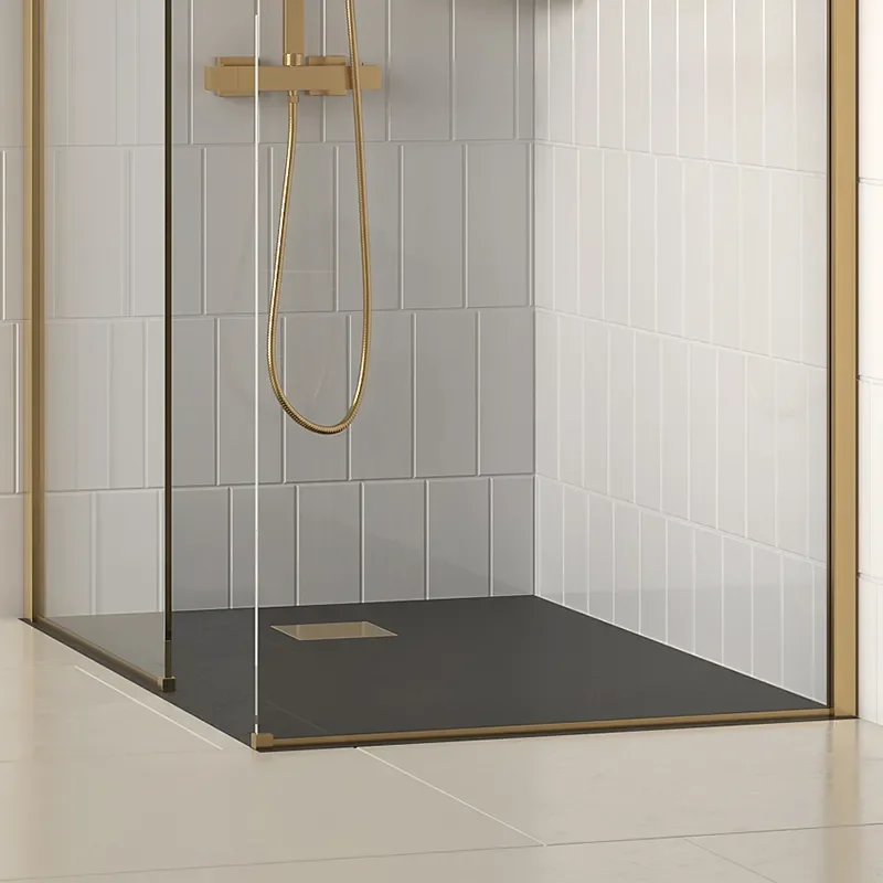 radiant gold 1600 walkin recess shower enclosure black tray