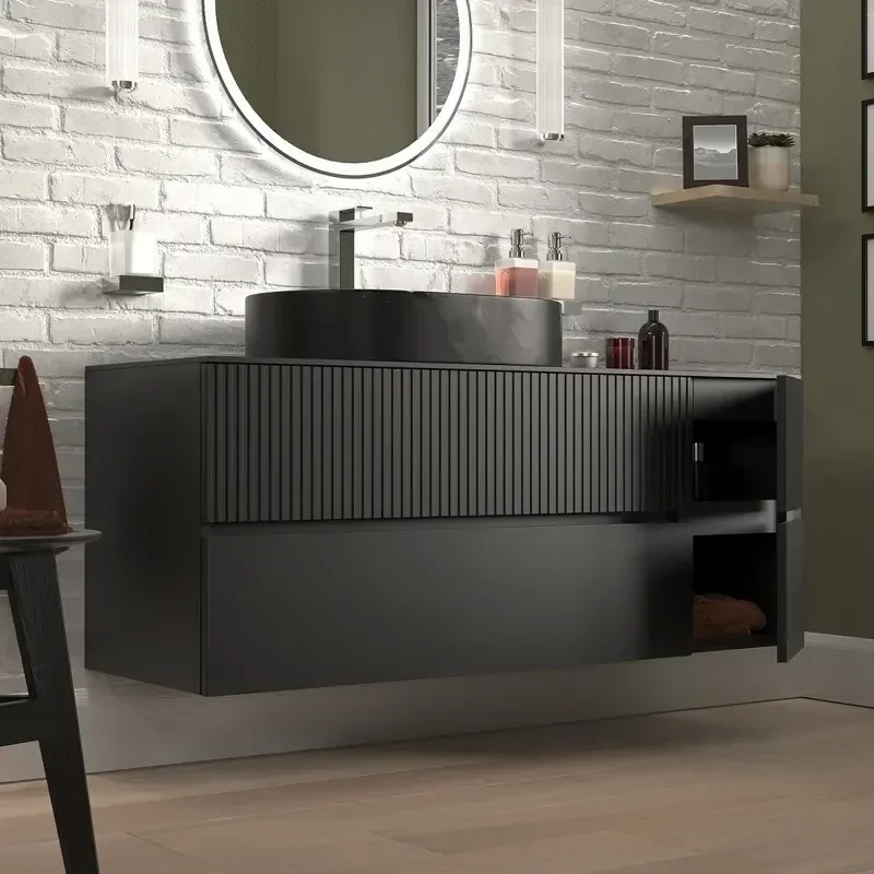 Product Image for 1300mm Black Wall Hung Vanity with Black Marble Basin & Side Unit 