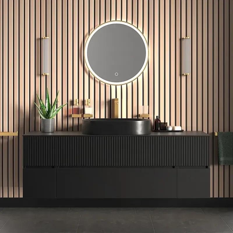Product Image for 1600mm Black Wall Hung Vanity Unit with Countertop, Black Marble Sink & Two Side Units 
