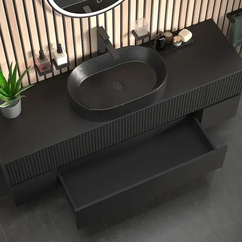 Product Image for 1600mm Black Wall Hung Vanity Unit with Countertop, Black Marble Sink & Two Side Units 