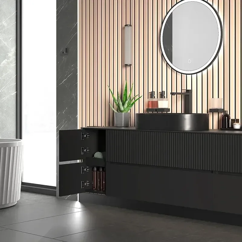 Product Image for 1600mm Black Wall Hung Vanity Unit with Countertop, Black Marble Sink & Two Side Units 
