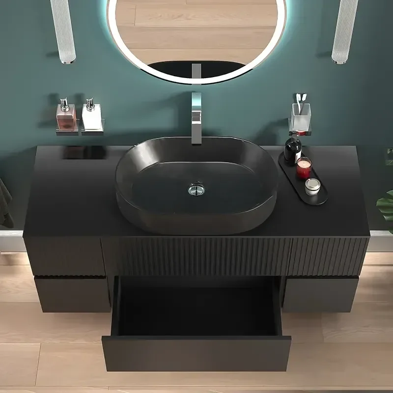 Product Image for 1300mm Black Wall Hung Countertop Vanity Unit with Black Sink & Two Side Units 