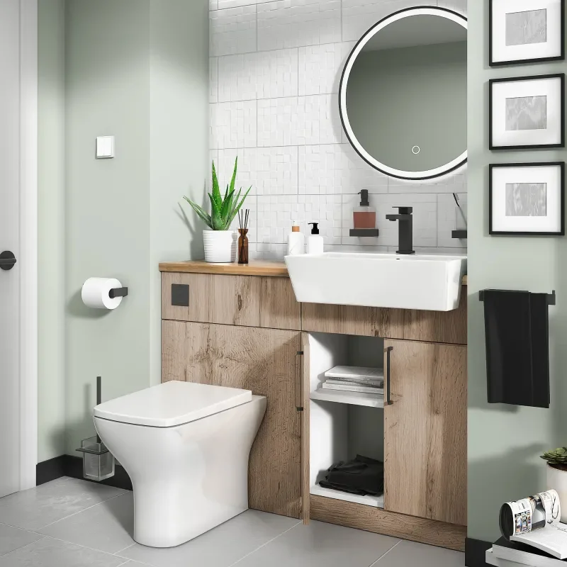 oliver 1200 oak vanity and toilet package black handles
