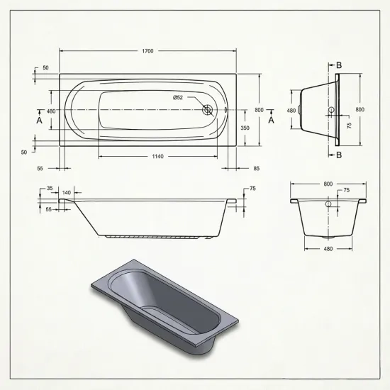 Laguna acrylic black jet whirlpool 1700 x 800 single ended