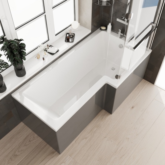 Complete Patello Grey L Shape Shower Bath Suite incl Sink cabinet Toilet and Taps.