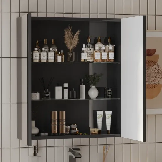 BC Grey Mirror Medicine Cabinet 2 Doors Glass Shelves