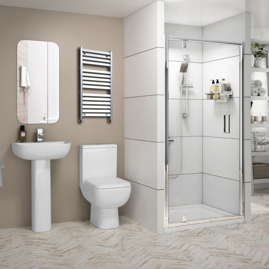 Radiant Reduced Height Shower Suite Pivot Basin Pedestal Toilet