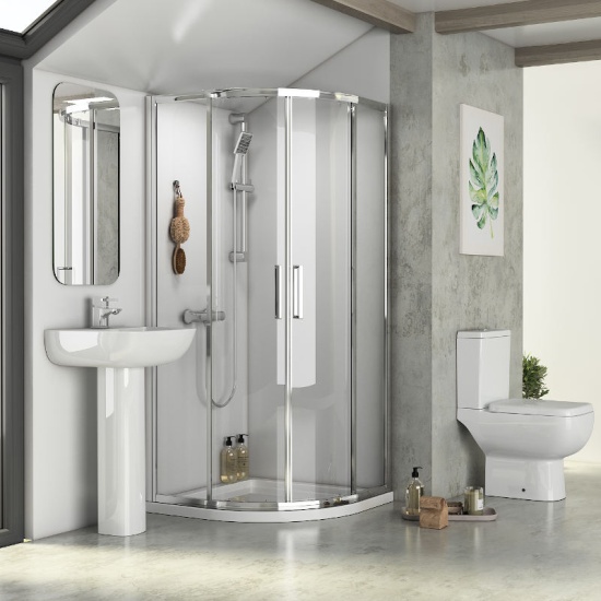 Radiant Reduced Height Shower Suite Quadrant Basin Pedestal Toilet