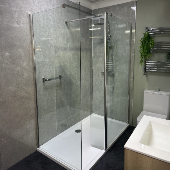 Showroom Lifestyle Image for Radiant 1600 Walk-in Shower Enclosure for Corner with Slate Tray: Optional Hinge Panel, Side Panel, Optional Waste
