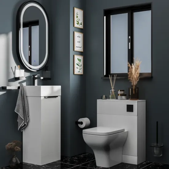 Small Bathroom Suite with 325mm Basin Unit & Back to Wall Toilet & Seat - Jivana White Cloakroom Suite - Gold Handles