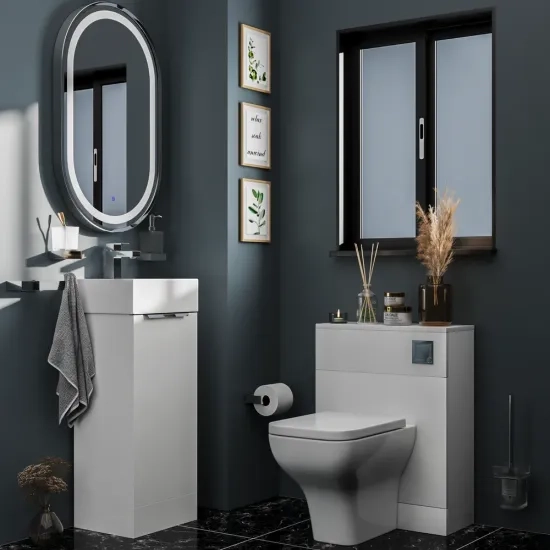 Small Bathroom Suite with 325mm Basin Unit & Back to Wall Toilet & Seat - Jivana White Cloakroom Suite - Gold Handles