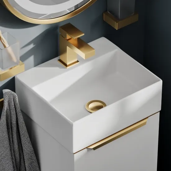 Small Bathroom Suite with 325mm Basin Unit & Back to Wall Toilet & Seat - Jivana White Cloakroom Suite - Gold Handles
