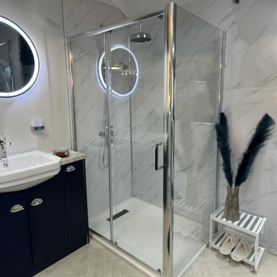Showroom Lifestyle Image for Radiant Deluxe Sliding 1200mm Shower Enclosure: Optional Tray and Side Panel, 1900mm Height