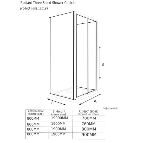 Tech Drawing of Radiant Deluxe One Wall Shower 800 Bifold
