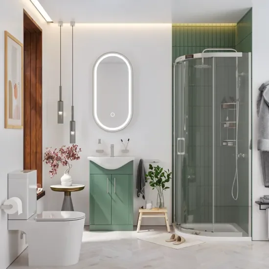 Product Image for Celeste Chrome Shower Suite: 550 Green Vanity Unit, Close Coupled Toilet, Quadrant Shower Enclosure and Tray 1