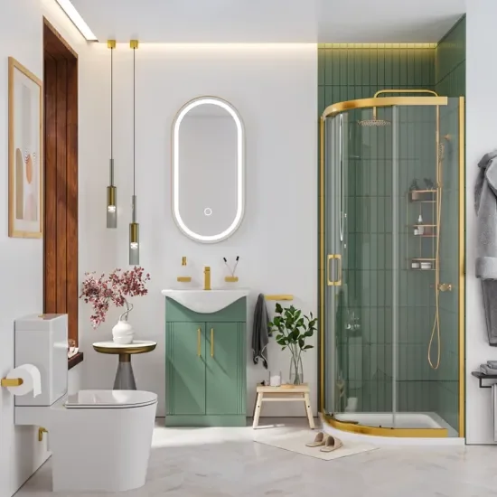 Product Image for Celeste Gold Shower Suite: 550 Green Fluted Vanity Unit, Close Coupled Toilet, Quadrant Shower Enclosure and Tray 1