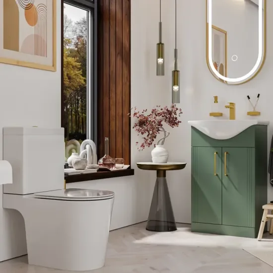 Product Image for Celeste Gold Shower Suite: 550 Green Fluted Vanity Unit, Close Coupled Toilet, Quadrant Shower Enclosure and Tray 2