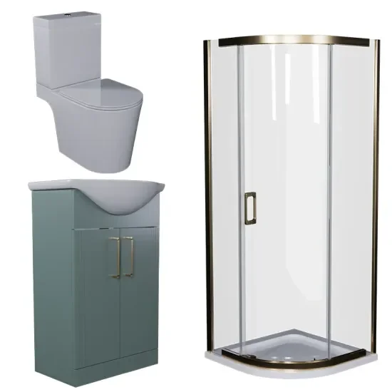 Product Image for Celeste Gold Shower Suite: 550 Green Fluted Vanity Unit, Close Coupled Toilet, Quadrant Shower Enclosure and Tray 4