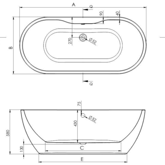 Technical Drawing for Alani Double-ended Freestanding Large Bath