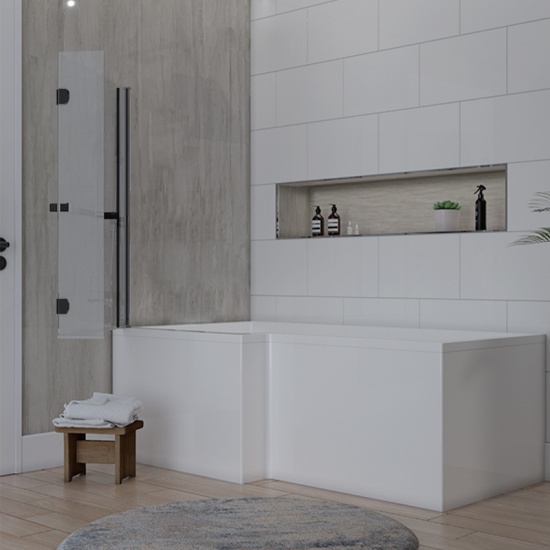 black l shaped bath screen with rail