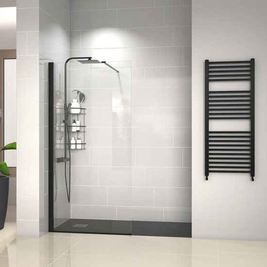 radiant black 1400 walkin recess shower enclosure slate tray black white