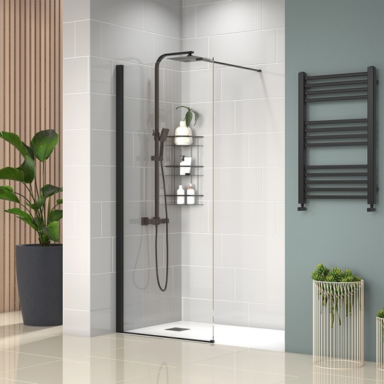 radiant black 1400 walkin recess shower enclosure black tray