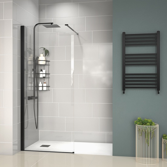radiant black 1400 walkin recess shower enclosure black tray