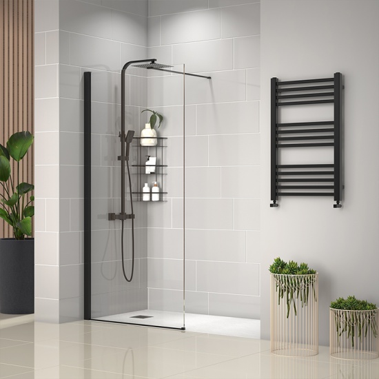 radiant black 1600 walkin recess shower enclosure black tray