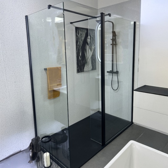 Showroom Lifestyle Image for Radiant Black 1800 Walk-in Shower Enclosure for Corner with Slate Tray: Side Panel, Optional Hinge Panel, Optional Waste