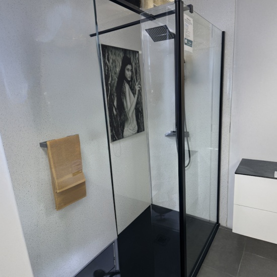 Showroom Lifestyle Image for Radiant Black 1800 Walk-in Shower Enclosure for Corner with Slate Tray: Side Panel, Optional Hinge Panel, Optional Waste