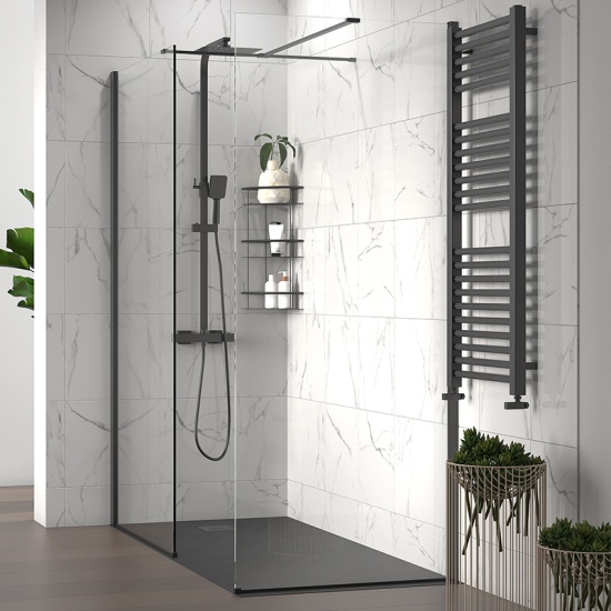 radiant black 1800 walkin corner shower enclosure slate tray black white