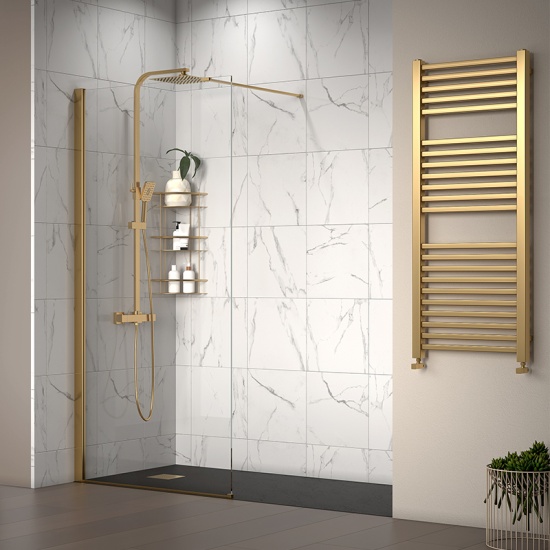 radiant gold 1800 walkin recess shower enclosure black tray