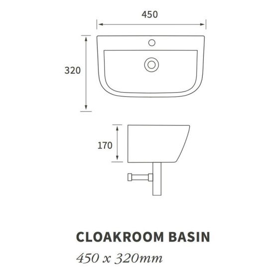 Cedarwood Small Wallhung Sink with One Taphole & Bottle Trap : 450 x 320mm