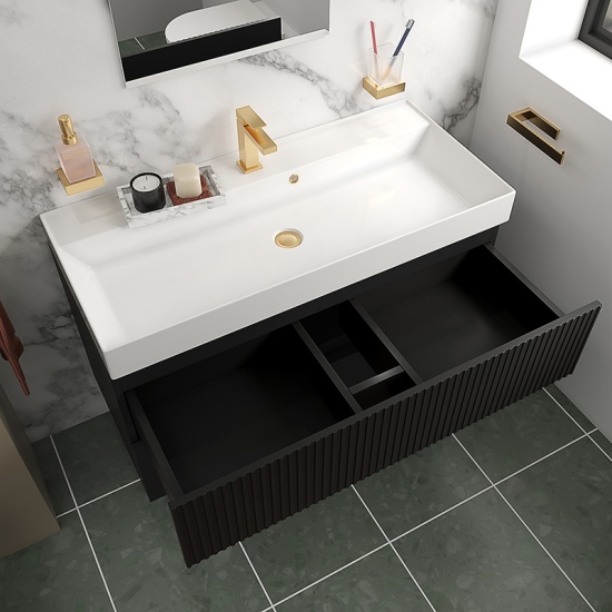 jasmine 1000 black wall vanity unit with white basin