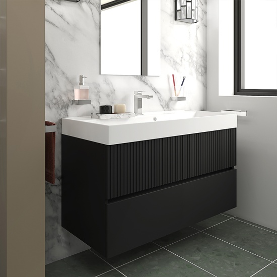 jasmine 1000 black wall vanity unit with white basin