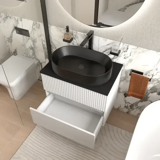 jasmine 700 white wall vanity unit with black sink