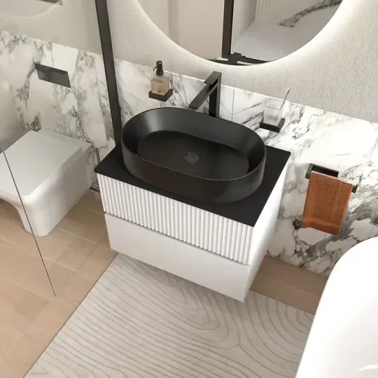 Product Image for Jasmine 700mm White Floating Two Drawer Unit with Black Marble Basin