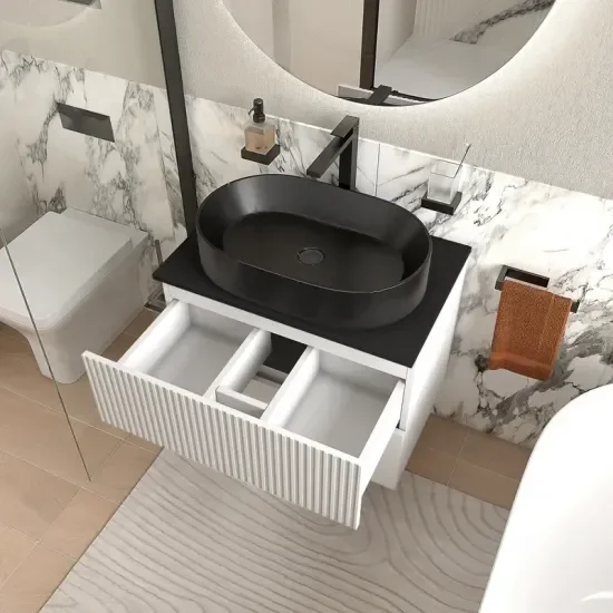 Product Image for Jasmine 700mm White Floating Two Drawer Unit with Black Marble Basin