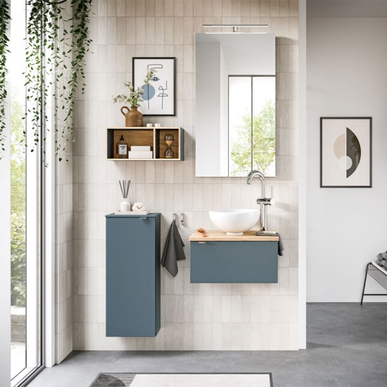 pelipal 6915 500mm cloakroom wall hung right hand vanity unit with worktop & round countertop basin (optional mirror, wall cabinet and shelves)