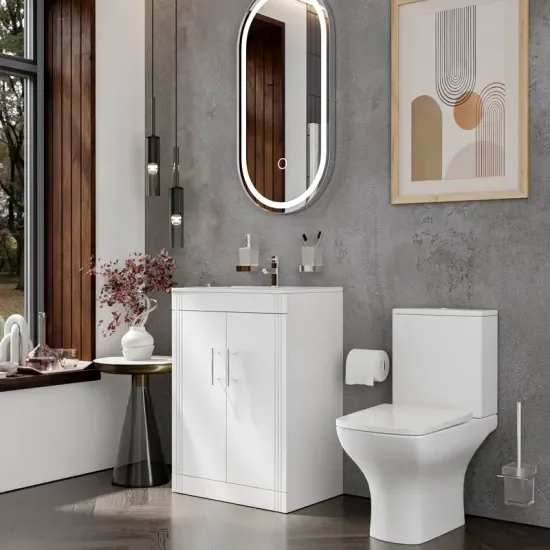 celeste shower suite: 600 white vanity unit and close coupled toilet