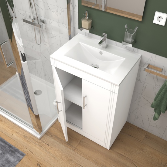 celeste shower suite: 600 white vanity unit and close coupled toilet