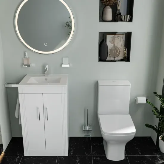 celeste bath suite: 500 white vanity unit and close coupled toilet