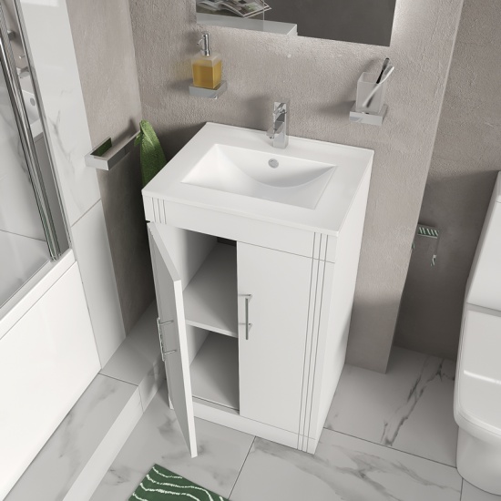 celeste bath suite: 500 white vanity unit and close coupled toilet
